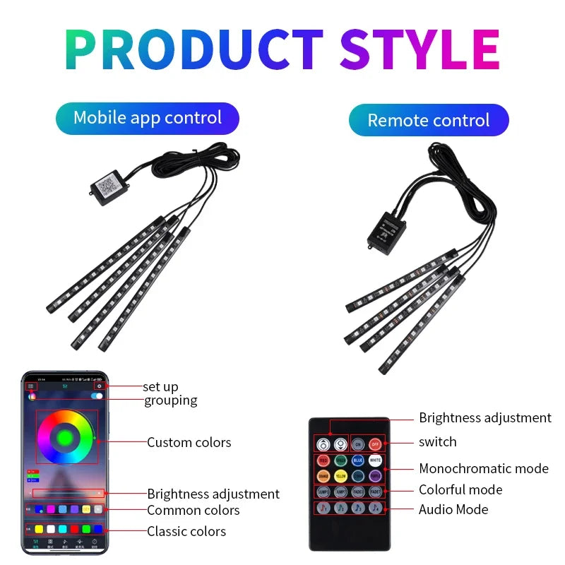 Neon RGB Car Interior Ambient Footwell Light Kit - USB Powered App Control